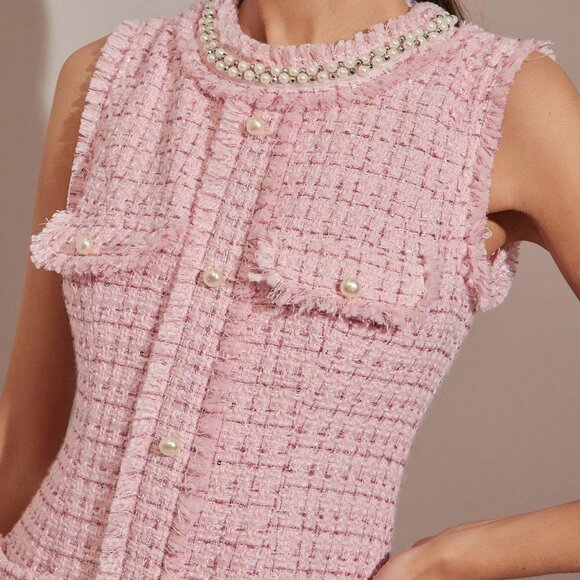 Pink Romantic Women's Sleeveless Plaid Dress with Faux Pearl Rhinestones - Picture 2 of 7